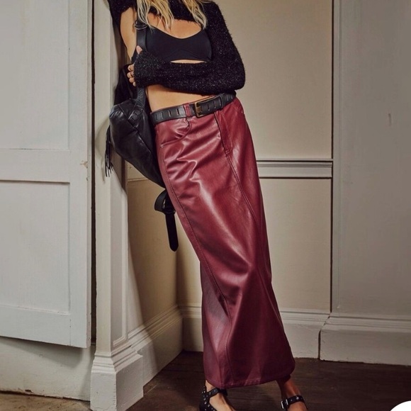 NWT Free People City Slicker Vegan Leather Maxi‎ Skirt in Red Jasper - Picture 1 of 5